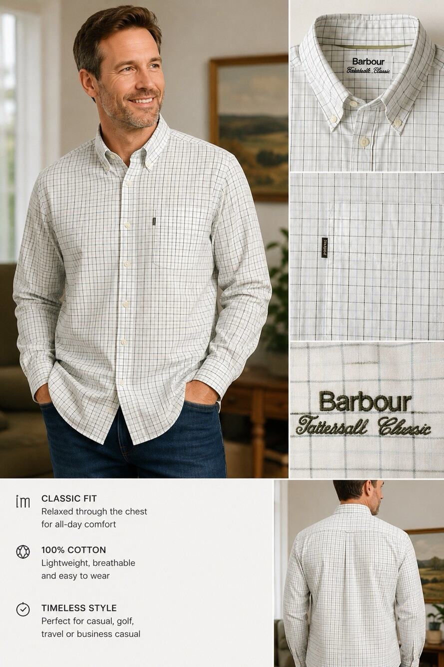 Barbour Tattersall Check Button Down Shirt Mens XXL White Plaid Cotton